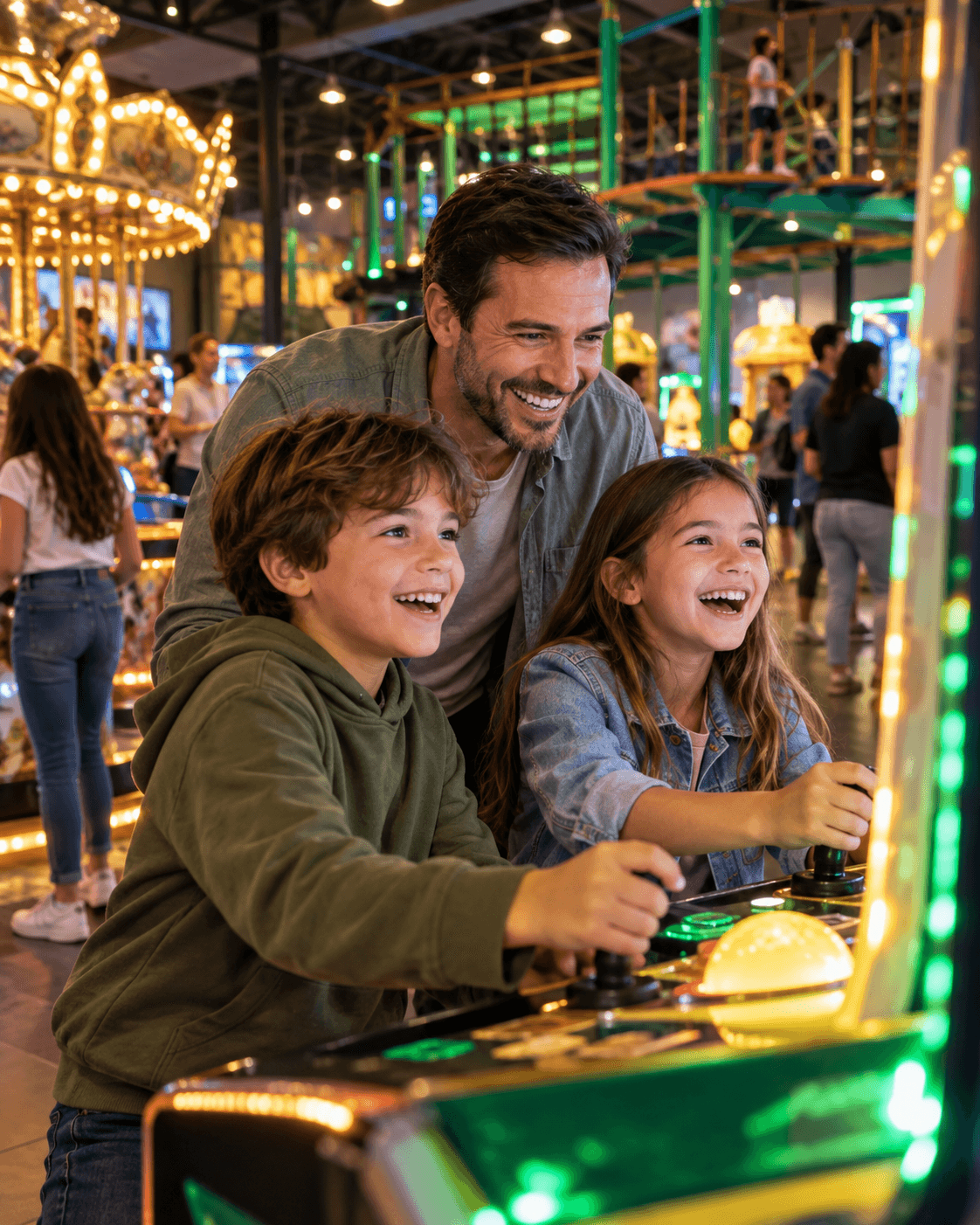 A family sharing a happy moment at an indoor arcade