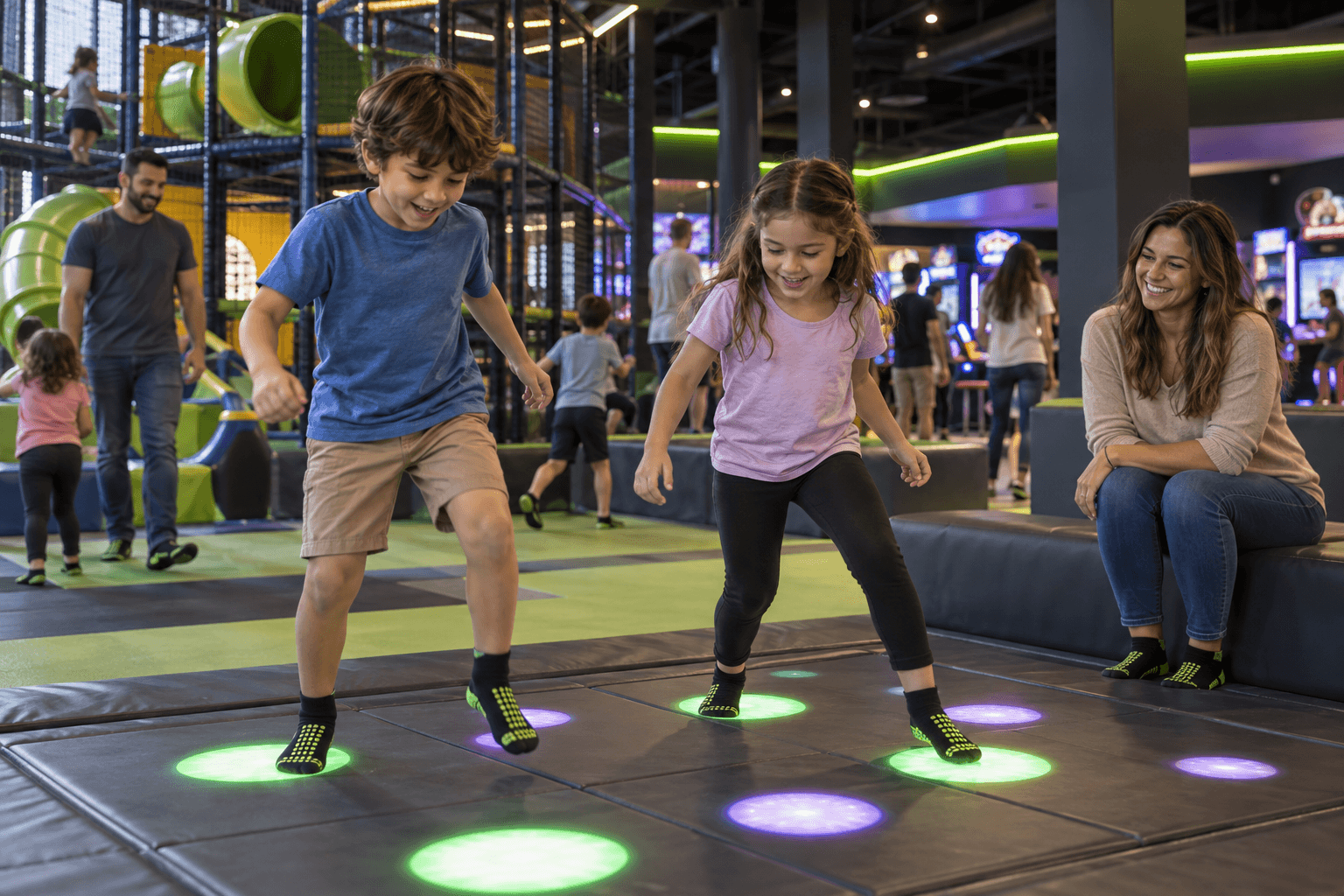 Children enjoying an interactive floor game with their family at an indoor attraction